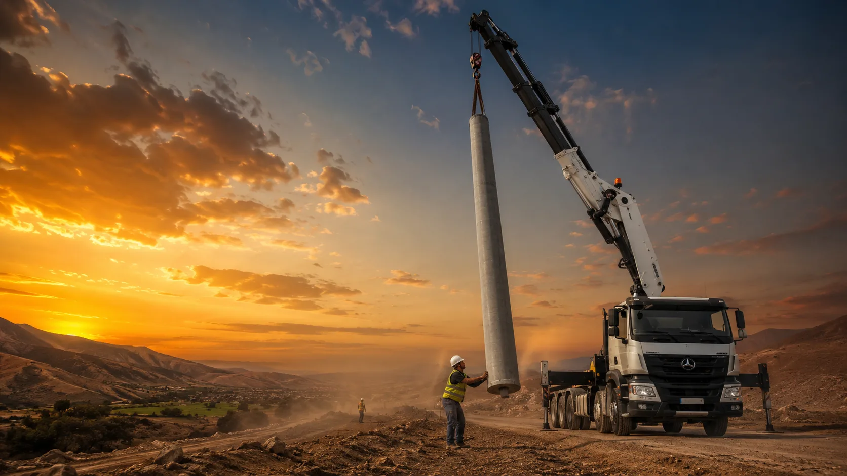 Camión grúa izando un poste de concreto en obra al atardecer en el Perú