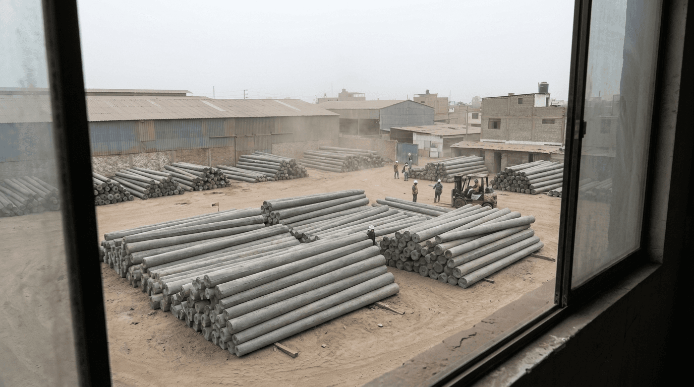 Patio de fabricación y almacenamiento de postes CAC en planta de Lima